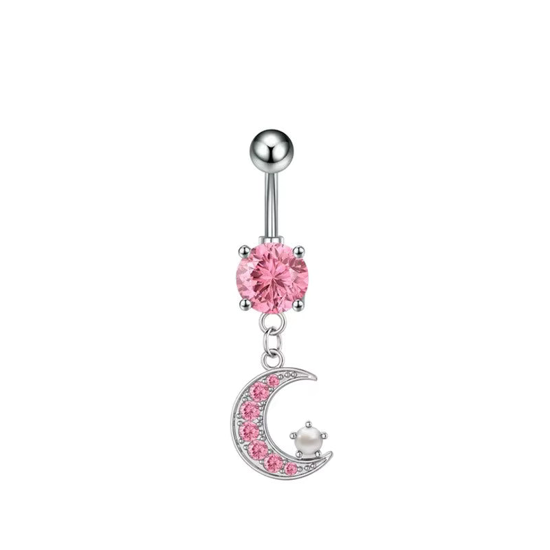 Gold-plated Surgical Steel Pink Enamel and Cubic Zirconia Naval Belly Piercing Jewelry