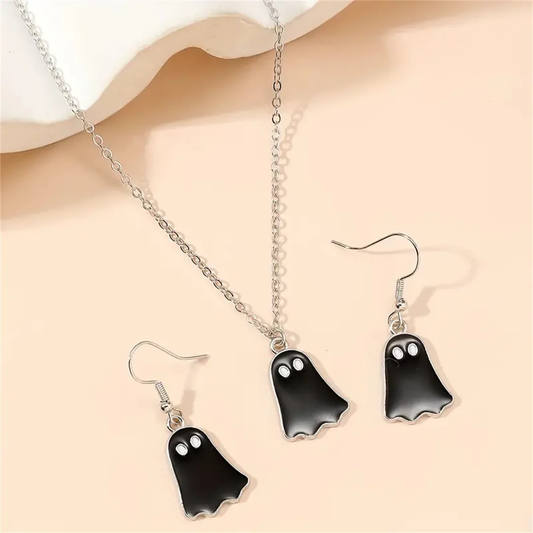 Stainless Steel Ghost Necklace and Earrings Set (black or white)