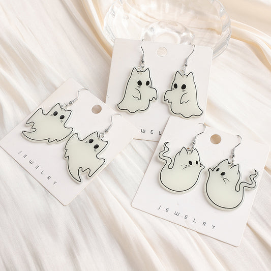 Glow-in-the-Dark Ghost Cat Halloween Earrings